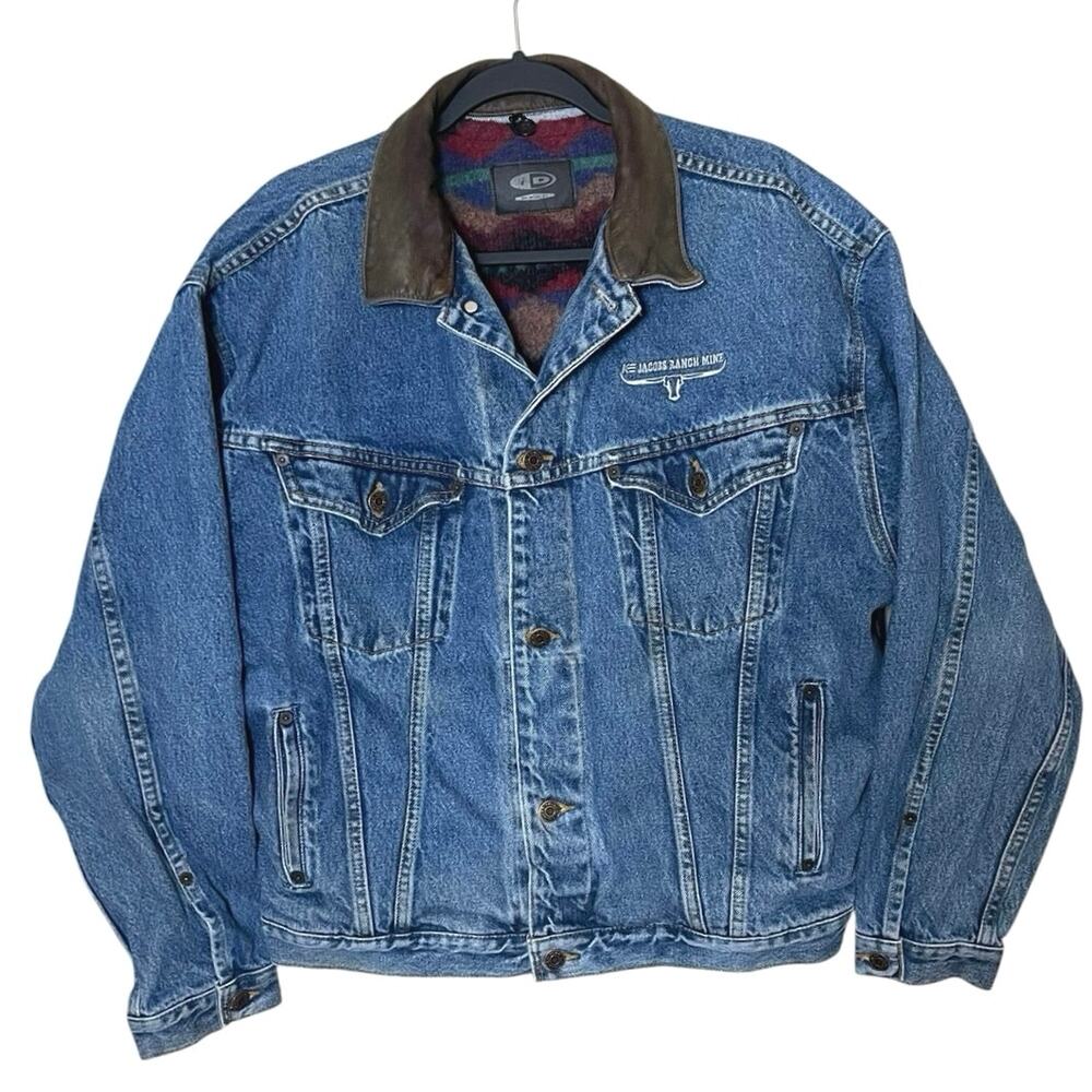 VTG ID Wear Denim Trucker Jacket Leather Collar Aztec Blanket Lining Medium